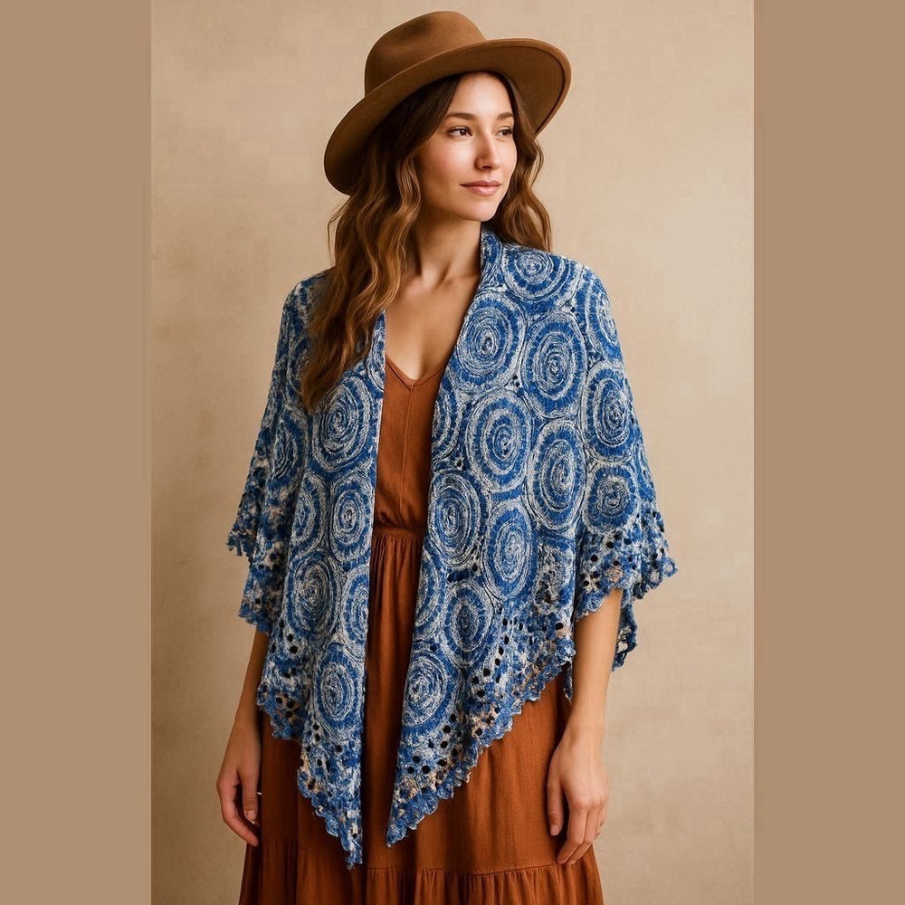 Blue White Patterned Crochet Knit Shawl with Fringe Boho Hippie Summer Cozy